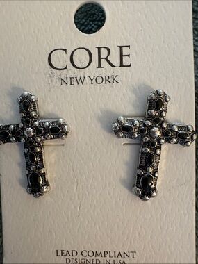 CORE New York Silver Cross Stud Earrings with Black Accents
